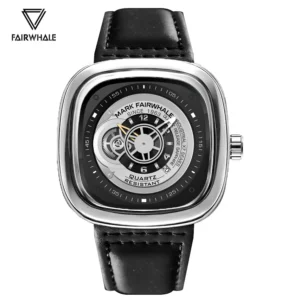 Mark Fairwhale Novantor men's chronograph quartz watch with a black alloy case and leather strap.