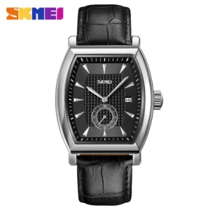 SKMEI 9306 men's analog quartz watch with a rose gold-tone alloy case, black dial, and black leather strap.