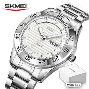 SKMEI 9293 men's quartz watch with a stainless steel band and a black dial.